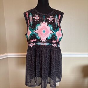 Crazy Train Embroidered Leopard Babydoll Tunic XL Western Rodeo Boho